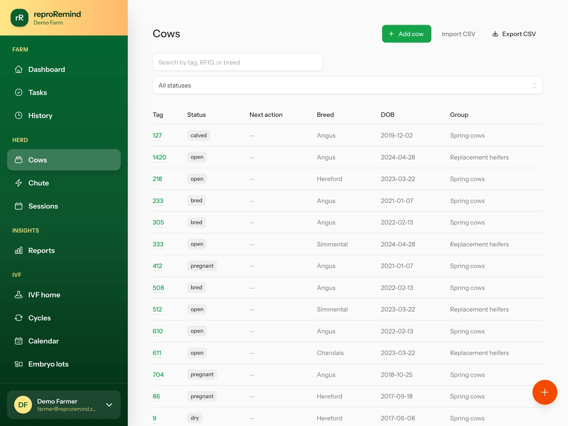 Calf-to-cow promotion — ReproRemind screenshot