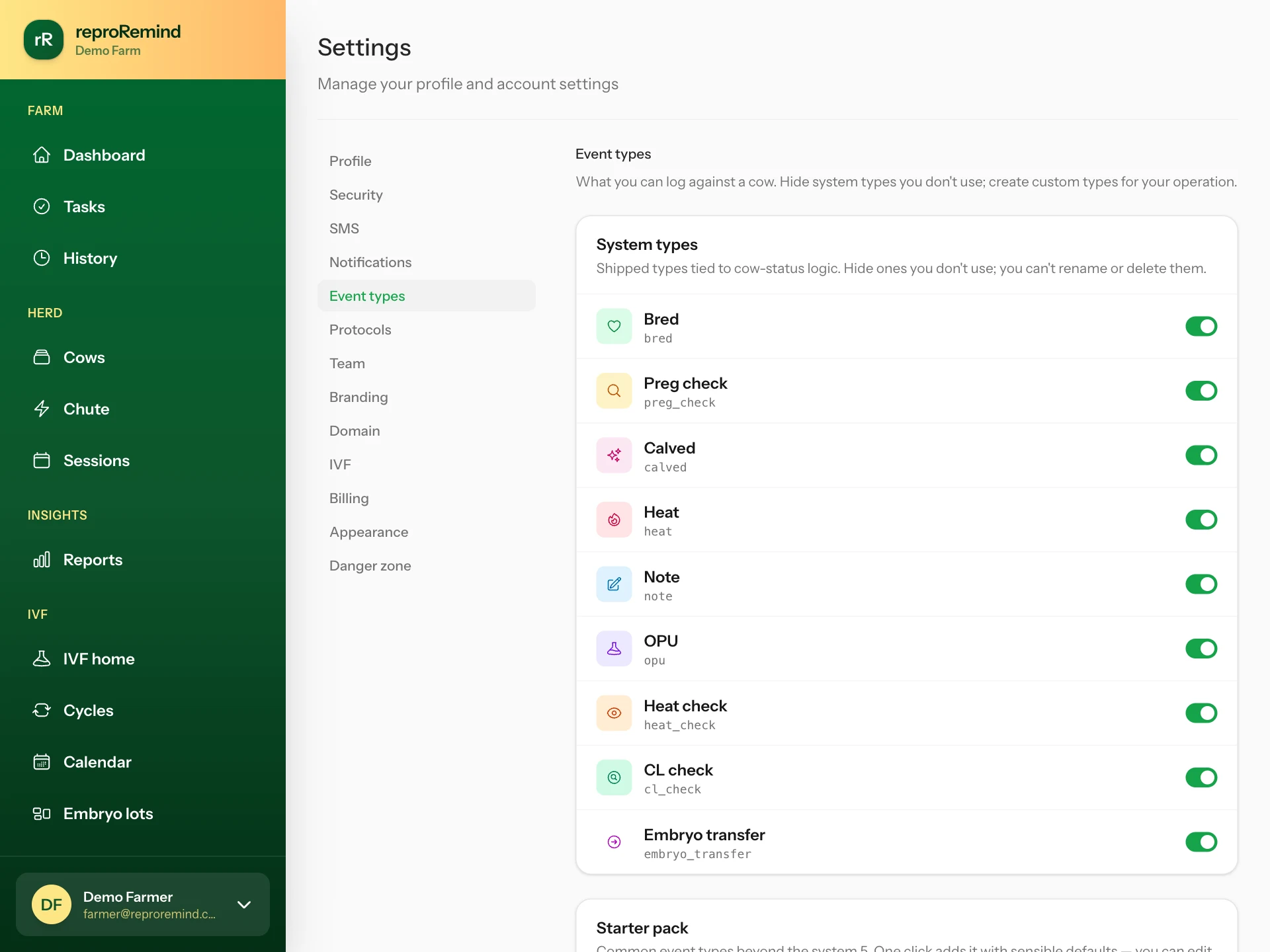 Custom event types — ReproRemind screenshot