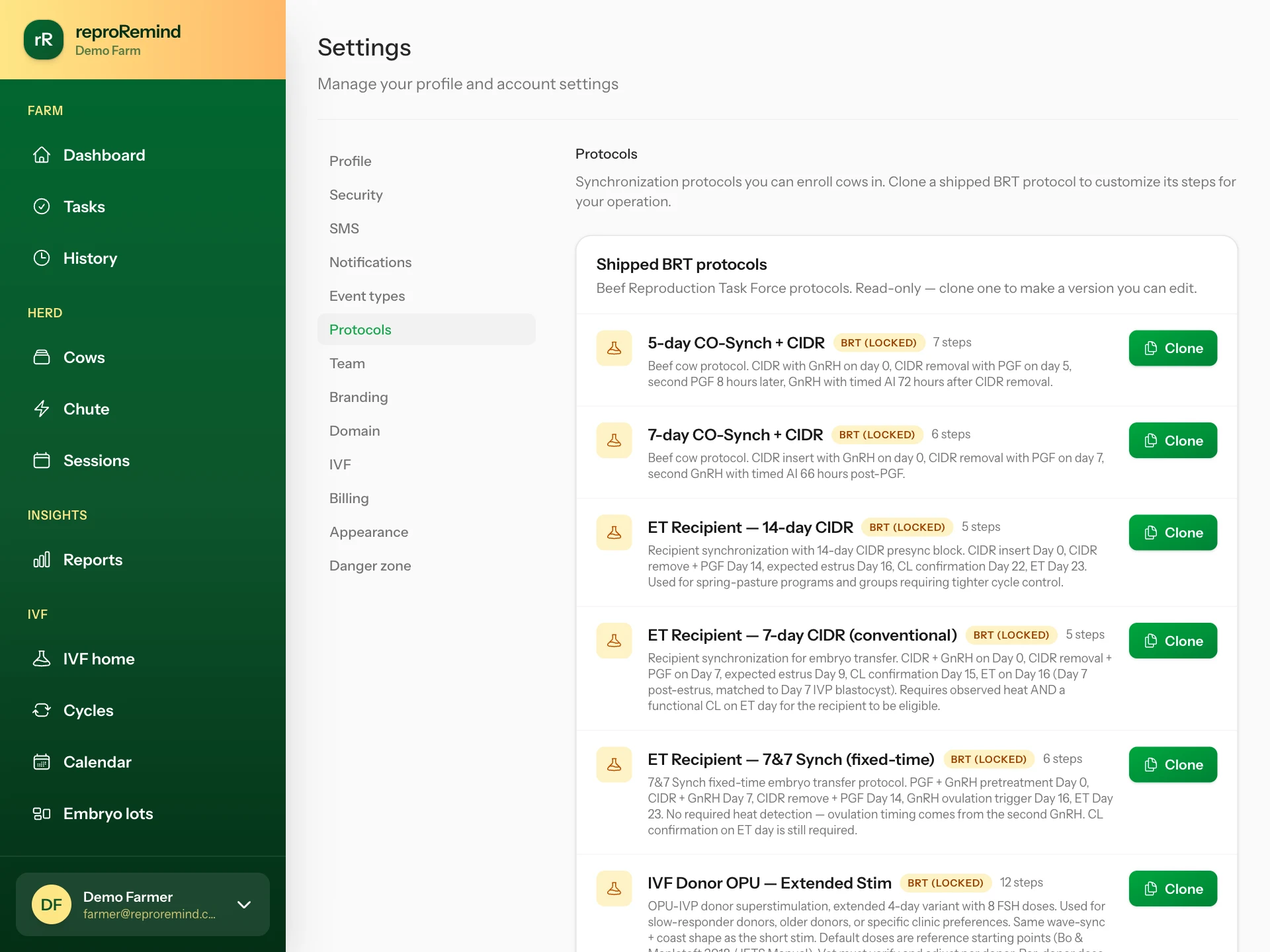 Protocols, dated per cow — ReproRemind screenshot