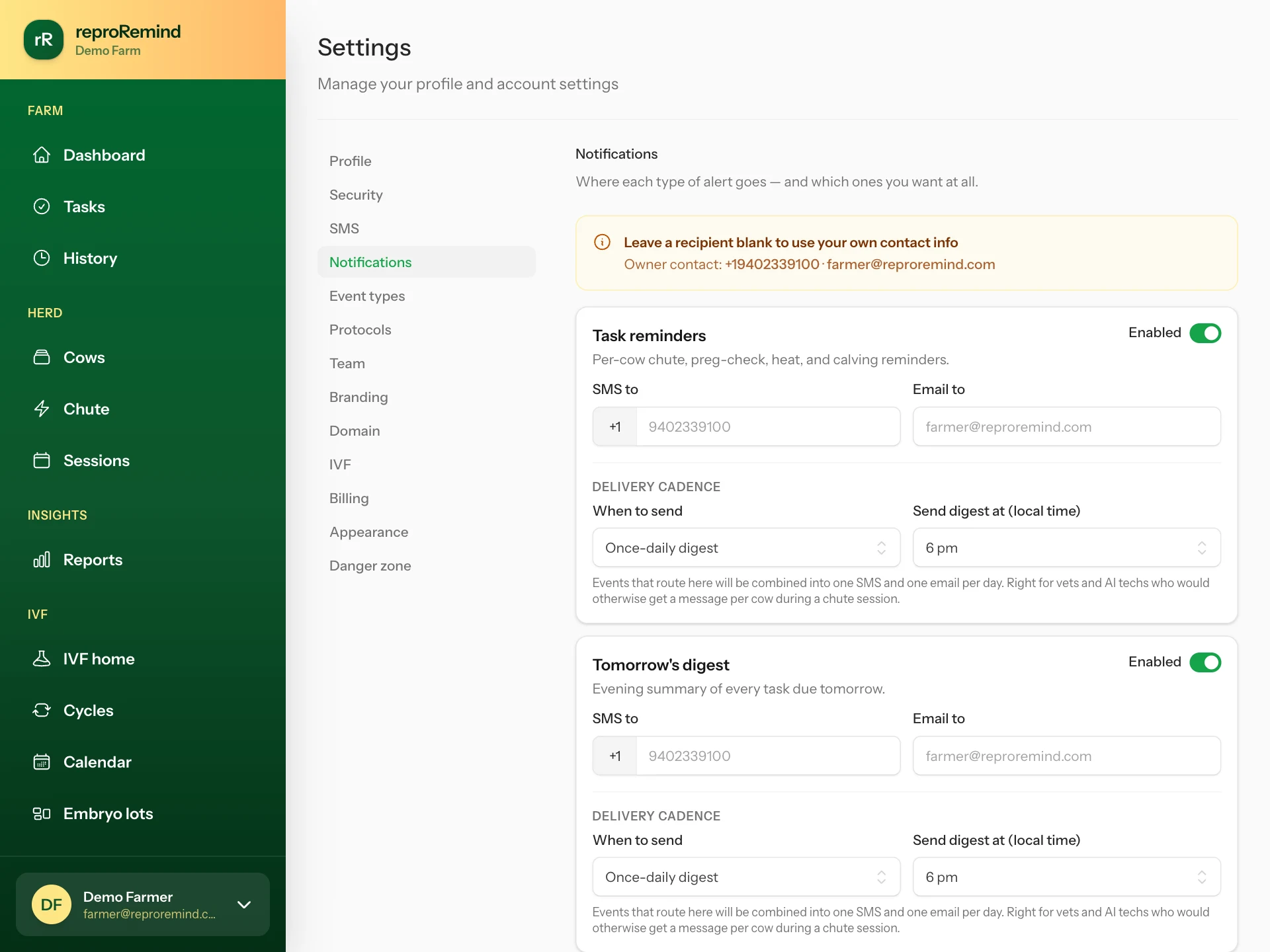 Notification routing per event type — ReproRemind screenshot
